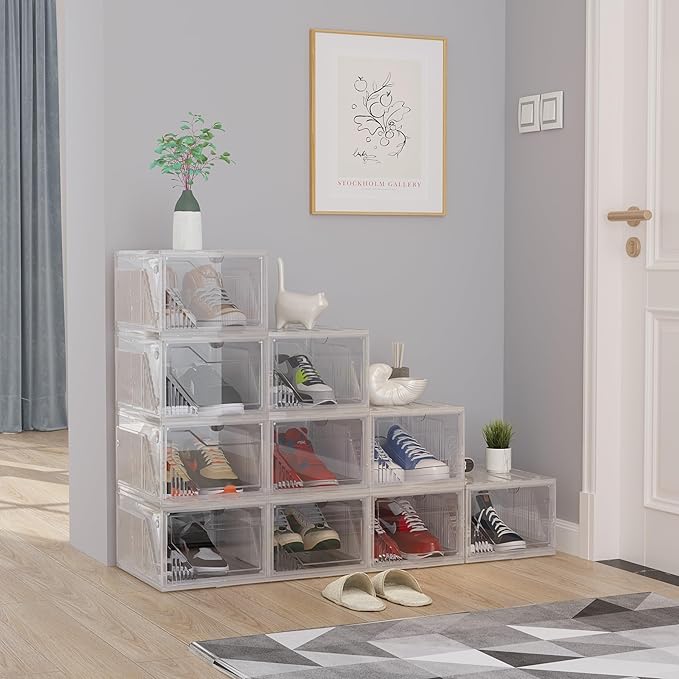 AWTATOS Shoe Boxes, 10 Pack Shoe Storage Organizers, Plastic Stackable Shoe Rack, Sneaker Containers, Toy Storage Bins for Entryway, Closet, Under Bed, Clear