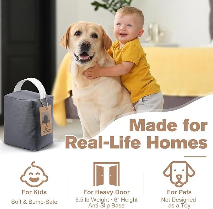 Decorative Weighted Door Stopper 5.5 lb – Heavy Non-Slip Door Weight with Handle, Soft Fabric Door Stop for Kids, Pets, Includes 2 Door Draft Stoppers for Indoor Home & Office, Charcoal Grey