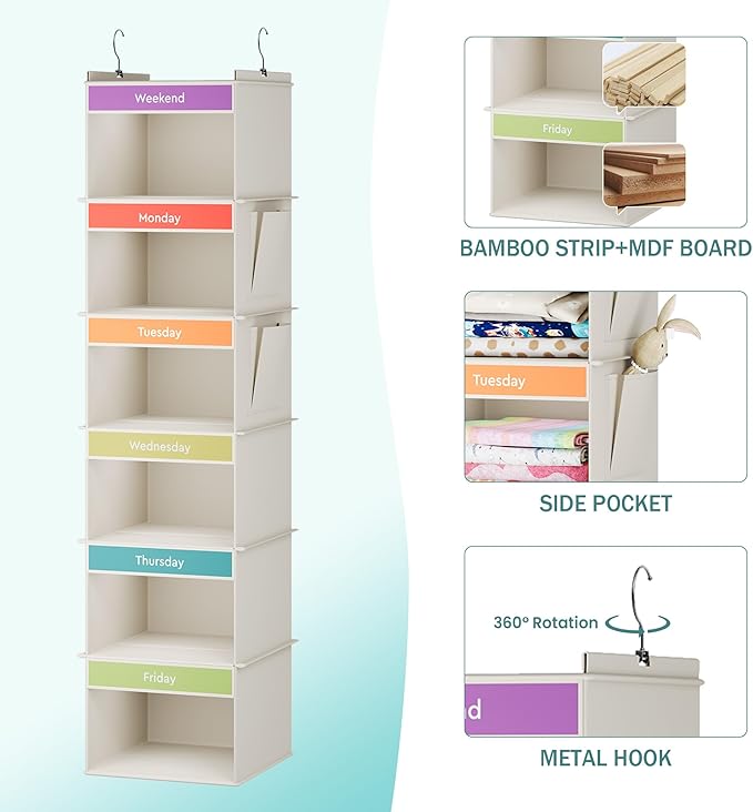 YOUDENOVA 6-Shelf Weekly Hanging Closet Organizer, Weekly Clothes Organizers for Kids with 2 Side Pockets, Beige