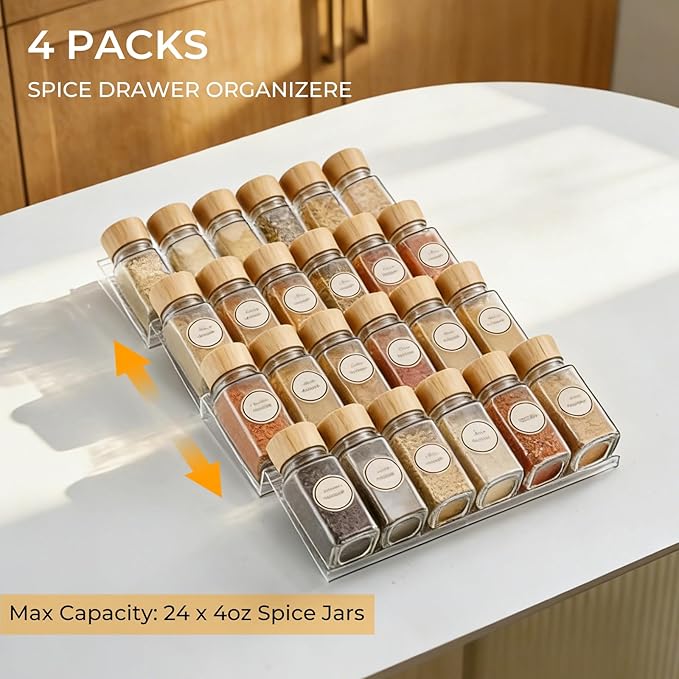 Acrylic Spice Drawer Organizer 4 Tier(4 Packs), Expandable from 11" to 22" Seasoning Organizer Tray for Kitchen - Clear Tiered Spice Rack for Drawer, No Assembly Required(Jars Not Included)