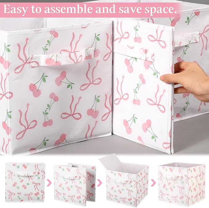 Geelin 6 Pcs Pink Bow Cherry Cube Storage Bins 11 Inch Storage Basket with Handle, Preppy Girls Organizer Basket, Collapsible Fabric Box for Classroom Bedrooms Office Home Decoration Gift