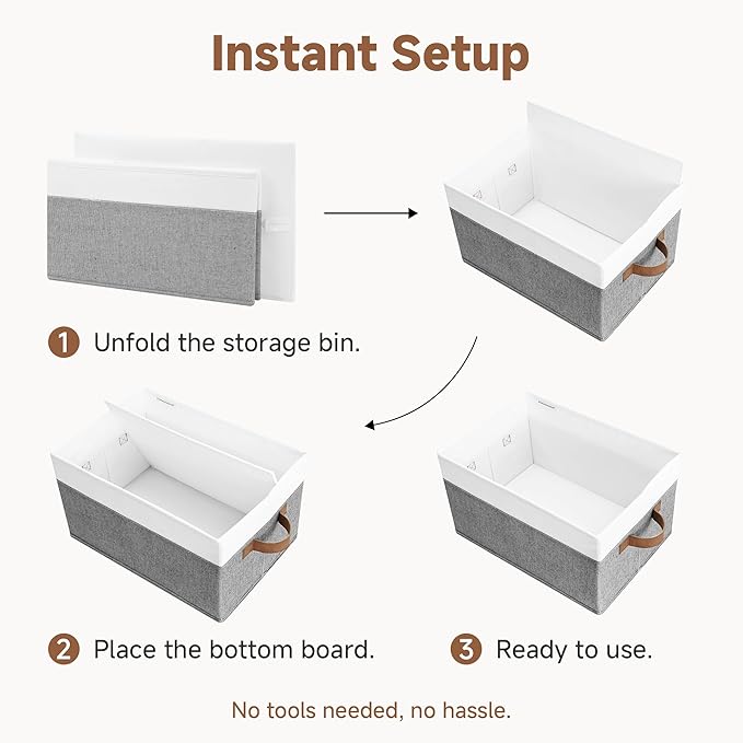 StorageWorks Fabric Shelf Baskets, Closet Organizers and Storage Basket, Foldable Storage Bins for Shelves, Clothes Storage Bins, Gray and White, 3-Pack, Large