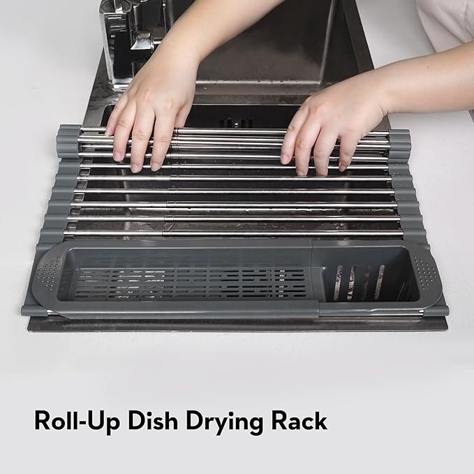 Roll Up Dish Drying Rack Over The Sink, 304 Stainless Stee Dish Drainer, Foldable & Adjustable Sink Drying Rack for Kitchen Sink Counter with Utensil Holder (Gray, Roll Up,Medium,Expandable)