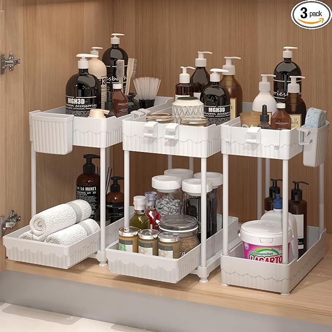 3 Pack Under Sink Organizers, 2-Tier Multi-Use Kitchen and Bathroom Organizers and Storage with Sliding Drawers，Bathroom Cabinet Organizer (White, 14.8 Inch)