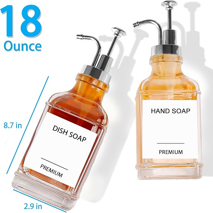 Dish Soap Dispenser for Kitchen, Hand Glass Soap Dispenser Set with Pump, Funnel for Bathroom, Shower, Laundry, Liquid, Lotion (Silver 2 Pack 18 Oz Clear Bottles with 12 Stickers)