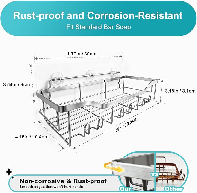 Shower Caddy with Hooks,Shower Shelf - 304 Stainless Steel Shower Rack,Anticorrosive,Rust-proof,Waterproof Bathroom Shelvs Storage and Organization - White Silver Shower Shelves