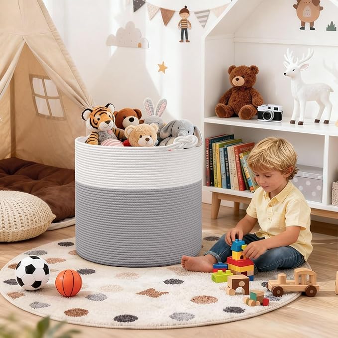 Goodpick 17"x16" Toy Storage for Kids, Home Décor Living Room, Baby Basket for Nursery Playroom, Soft Woven Cotton Rope Baskets for Blankets Pillows Clothes, Grey