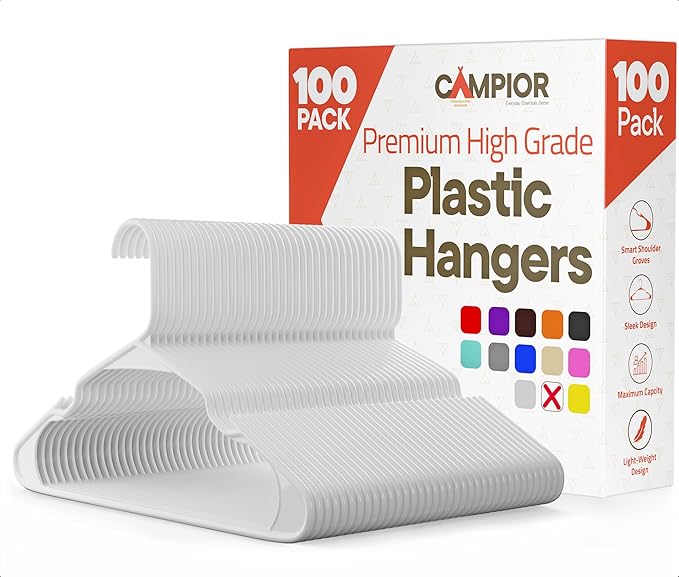 White Plastic Hangers 100 Pack– Heavy-Duty Plastic Hangers Slim and Space-Saving, Durable and Lightweight PP with Non-Slip Shoulder Notches for Slip Dresses, Suits, Jackets & Camisoles