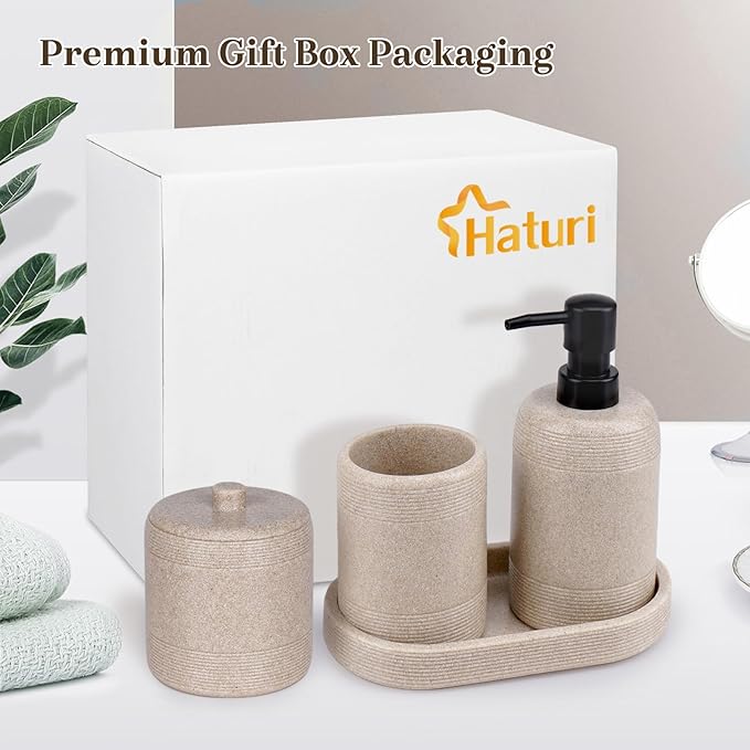 Haturi Beige Bathroom Accessories Set, 4 Pcs Stone Style Lotion Dispenser, Toothbrush Holder, Qtip Holder, Vanity Tray for Countertop Organization – Elegant Modern Neutral Bathroom Decor