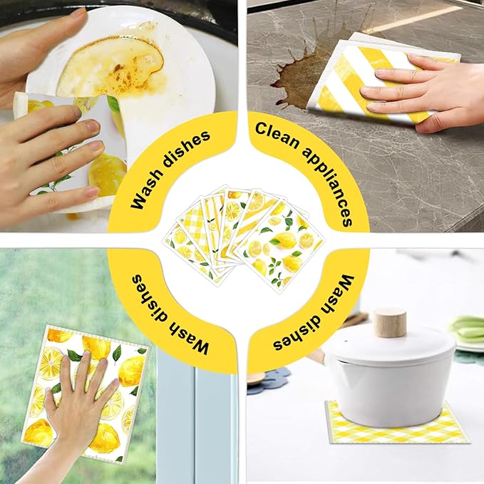 6 Pack Swedish Dishcloths for Kitchen - Reusable Dish Paper Towels Wash Cloths Washable,Absorbent Cellulose Cleaning Sponge Cloth Wipes Quick Dry, Decorative Tea Towels,No Odor Biodegradable(Lemon)