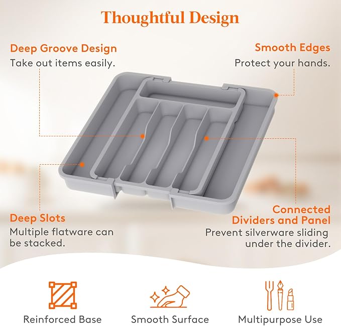 Lifewit Silverware Drawer Organizer, Expandable Utensil Tray for Kitchen, BPA Free Flatware and Cutlery Holder, Adjustable Plastic Storage for Spoons Forks Knives, 8.9-14.7 x 12.2", Gray