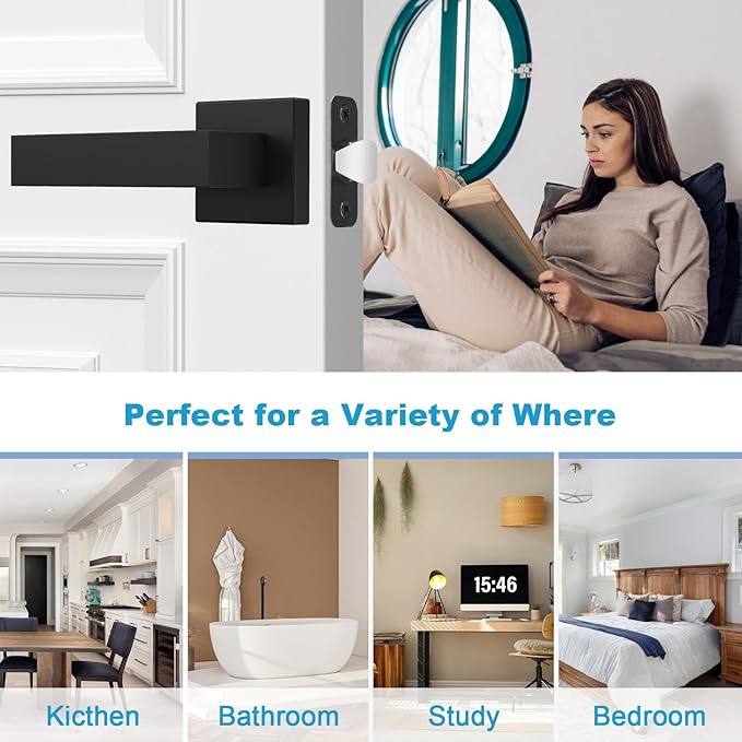 Estmoon 4 Pack Passage Door Knobs - Black Door Handle Interior Door Levers, Heavy Duty Non-Locking Locksets Hall Closet Handles, Reversible for Right & Left Sided Doors