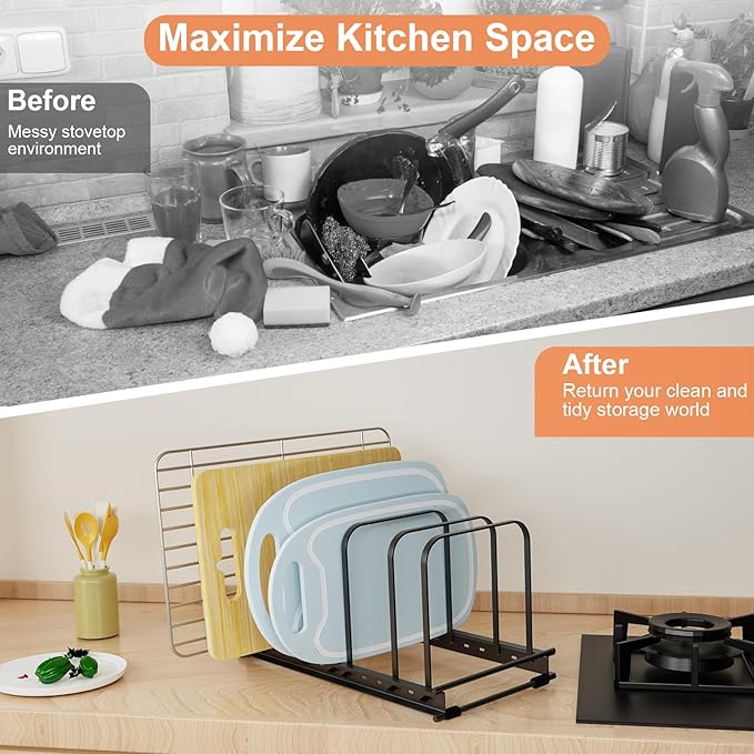 Cutting Board Organizer Rack, 2-Pack Adjustable Bakeware Organizer Holder for Cabinet Countertop, 7 Slots Metal Rack Cookie Baking Sheet, Pot Pan Lids Divider Kitchen Organization Storage, Black