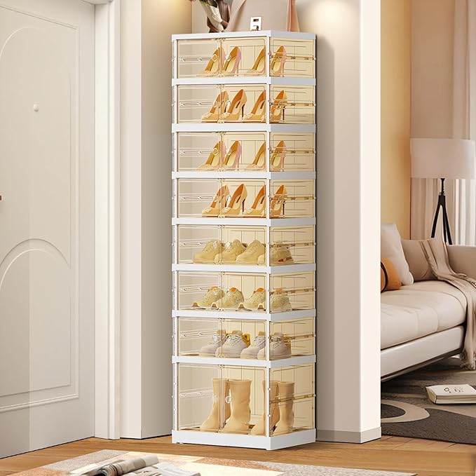 EHAMILY 8 Tiers 8-16 Pairs Foldable Shoe Boxes Large Plastic Shoe Storage Rack Collapsible Shoe Organizer for Closet Tall Shoe Shelf Clear Stackable Shoes Cabinet with Doors Entryway