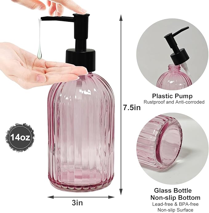 Black Pump Glass Soap Dispenser, 13.5oz Stripe Countertop Refillable Liquid Bottle Hand Dish Lotion Dispenser with Plastic Pump, for Kitchen, Bathroom Countertop