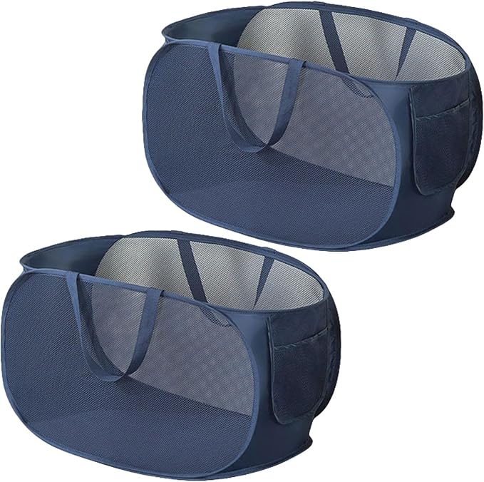 Rubruan 2 Piece Popup Mesh Laundry Basket Durable Handles Collapsible Laundry Baskets Folding Clothes Pastic Hamper for Laundry Room College Dorm (2 x Navy Blue)