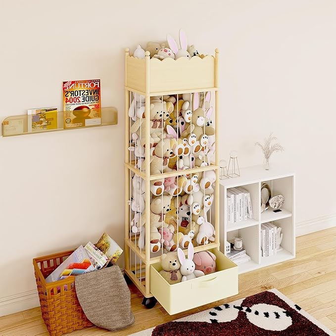 Wooden Stuffed Animal Storage Organizer with Wheels & Drawer – 3-Tier Plush Toy Zoo Holder for Kids Room, Nursery & Playroom – Safe Solid Wood, Elastic Rope Design, Smooth Wave Edge