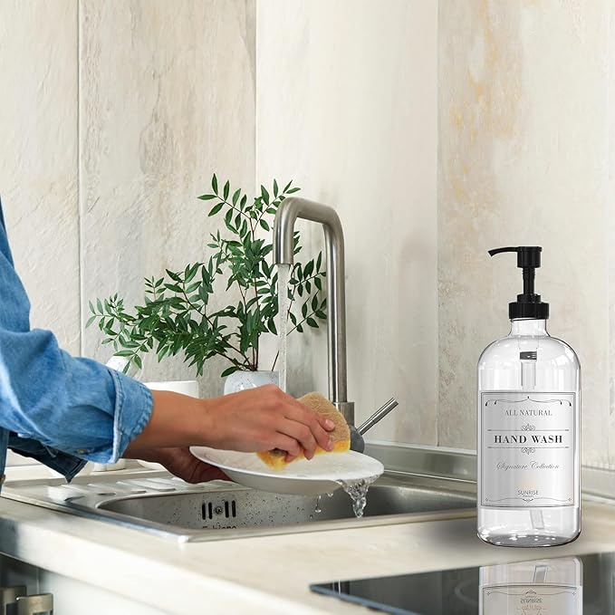 16 OZ Clear Glass Soap Dispenser with Pump, Hand and Dish Soap Dispenser Set for Bathroom with 12 Waterproof Labels, Pack 4