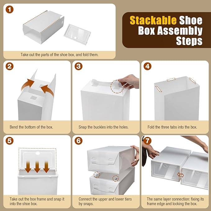 24 Pack Shoe Storage Boxes, Clear Plastic Stackable Shoe Organizer, Foldable Shoe Rack, Angel White | Space-Saving Home & Office Organizatio
