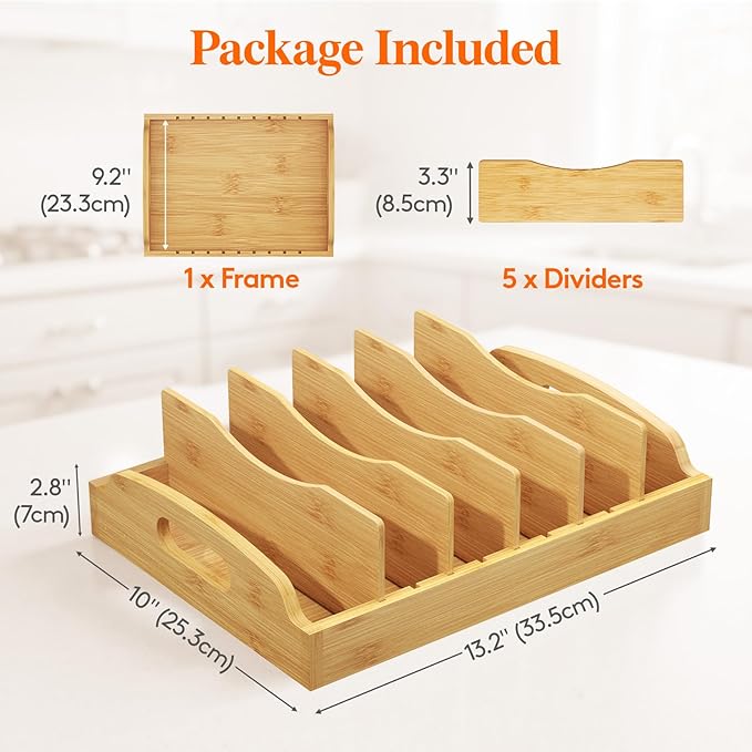 Lifewit Bamboo Lid Organizers for Inside Cabinet, Food Storage Container Lid Holder with 5 adjustable Inserts & 6 Compartments, Lid Storage for Kitchen Pantry Organization, 13.2" X 10"