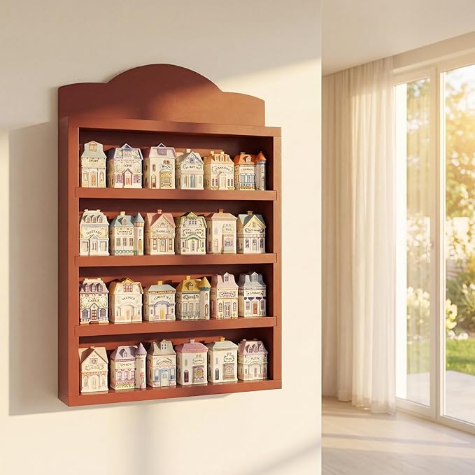 Chunful Vintage Spice Village Wooden Rack 22 x 17 x 4 Inches Wood Color Display Rack with 4 Shelves for Wall Mounting Kitchen Storage Spice Village Display Shelf for 24 Jars, Shelf Only