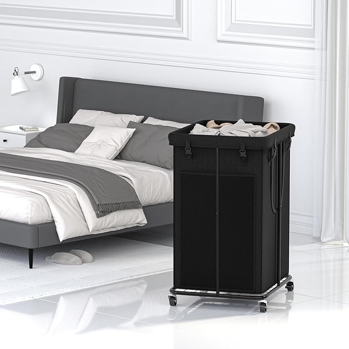 150L Laundry Basket Laundry Hamper with Wheels, Metal & Oxford Fabric Laundry Clothes Hamper, Suitable for Bedroom, Bathroom, Dorm Room, Laundry Room (Dark Black, 150L)