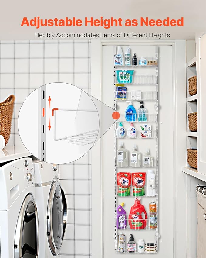 VEVOR Over the Door Pantry Organizer, 9-Tier Pantry Organization and Storage, Heavy-Duty Steel Hanging Spice Rack, Adjustable Wall Seasoning Shelves, for Home Kitchen Laundry Room Bathroom, White
