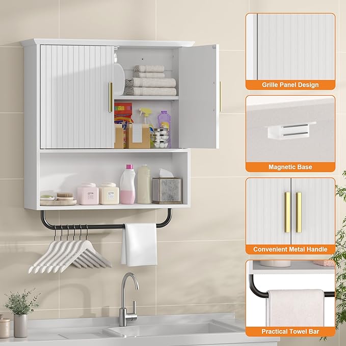 Bathroom Wall Cabinet with Towel Bar, 2 Doors & Adjustable Shelves - Space Saving Wood Wall Mounted Medicine Cabinet Storage Organizer for Bathroom, Laundry, Kitchen, Living Room (White)