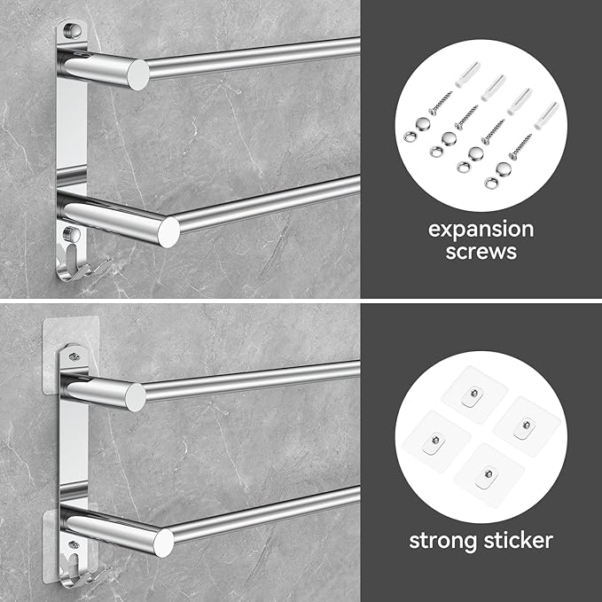 CAXIMSY Adjustable Towel Bar for Bathroom Wall Mount17-30.7inch Adhesive Shower Towel Rack Stainless Steel Bath Towel Holders for Toilet Kitchen Double Towel Hanger (2 Layer)