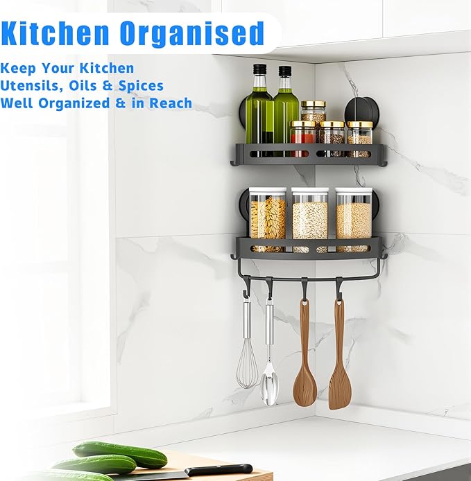 XXKMDXW Corner Shower Caddy Suction Cup Shower Shelf Corner No Drilling Bathroom Shower Organizer Storage Rack Suction Cup Type with Towel Bar Hooks