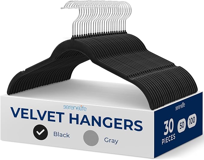 SereneLife 30-Piece Velvet Shirt Hangers – Black Non-Slip, Heavy Duty Clothes Hangers with 360° Swivel Hooks, 0.2" Slim Design, Sturdy & Lightweight Closet Organizers for Shirts, Coats & Pants