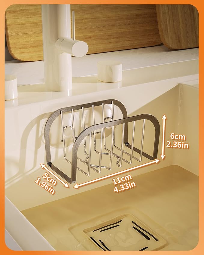 SWTYMIKI Sponge Holder for Kitchen Sink, Movable Sink Sponge Holder with Suction Cups Stainless Steel Sink Caddy Suction Cup for Sponge & Brush, Silver