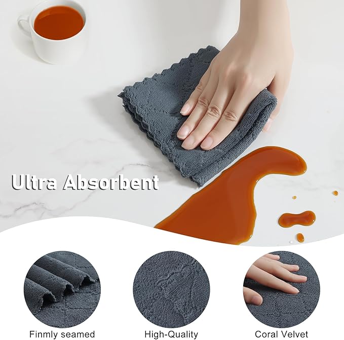 Homaxy Kitchen Towels and Dishcloths Set, 10 x 10 and 13 x 19 Inches, Set of 12 Super Soft and Absorbent Coral Velvet Kitchen Towels, No Lint and Nonstick Oil Fast Drying Dish Towel, Dark Grey