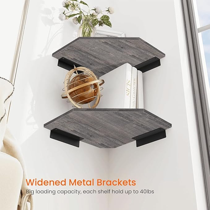 Homode Corner Shelf Wall Mount, Set of 2 Corner Floating Shelves with Cord Hole for TV, Cable Box, Wood Hanging Storage Shelf Organizer for Bathroom Kitchen Living Room Bedroom, Rustic Grey