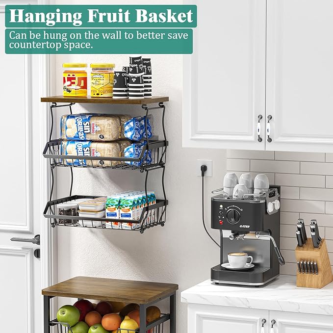 3 Tier Countertop Fruit Basket Bread Bowl with Wooden Top for Kitchen, Stackable Vegetable Potato Onion Storage Wire Basket with Banana Hangers, Black