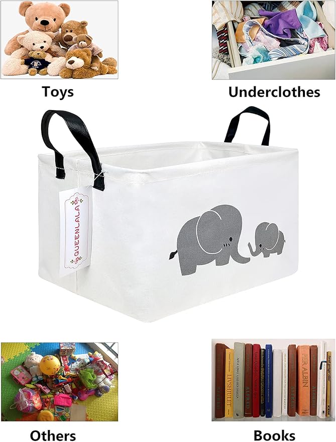 QUEENLALA Rectangular Laundry Hamper/Foldable Nursery Laundry Basket for Organizing/Storage Bin Baskets/Children Toy Office Bedroom/Toy Bin Closet Shelf Baskets（Rec-Parent-child elephant）