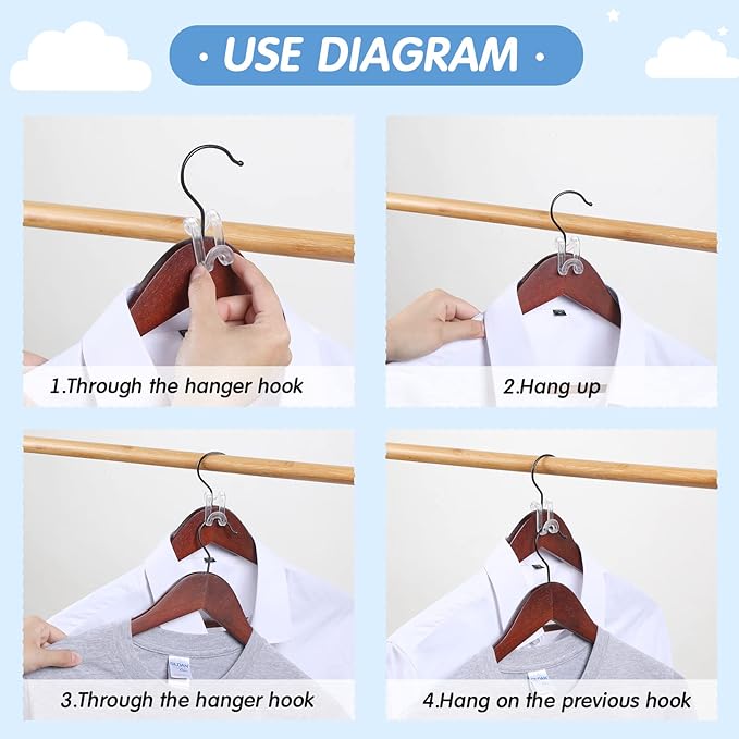 Unittype 100 Pcs Transparent Plastic Clothes Hanger Connector Hooks, Heavy Duty, Space Saving, Cascading
