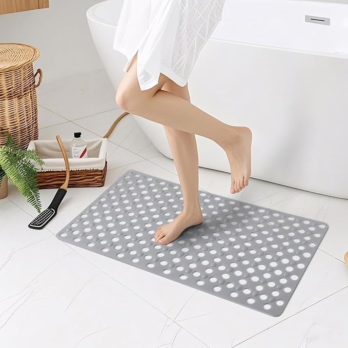 BREELEAM Non Slip Bathtub Mat and Shower Mat 31x17 inch,Bath Mat with Quick Dry Drain Holes and Suction Cups, Soft Comfortable Safe Bathroom Mat for Bath Tub, Floor, Tile (Grey)