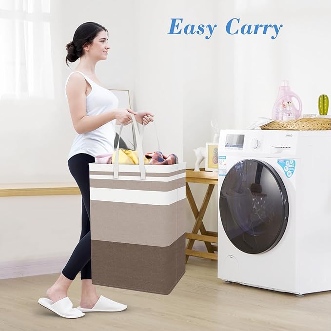 BlissTotes 3-Pack Laundry Basket, Freestanding＆Waterproof Laundry Hamper, Collapsible Tall Clothes Hamper with Easy Carry Handles for Clothes, Towels in the Family and Dorm,Gradient Khaki,125L