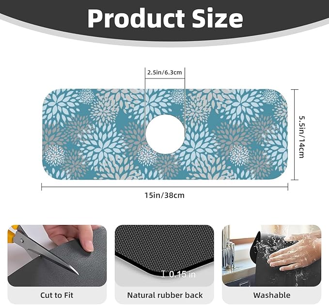 Dahlia Floral Flower Colorful Abstract Kitchen Sink Splash Guard Faucet Mat Super Absorbent Fast Drying Mat Sink Gadgets-Fast Drying Pad Sink Mat For Kitchen Bathroom (15" X 5.5" )