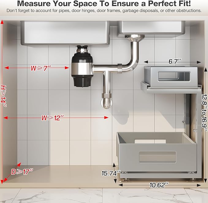 Corbyles 2 Pack 15.74IN-Depth Under Sink Organizer With Next-Gen Ball-Bearing Slides,2-Tier Pull Out Cabinet Storage,Height Adjustable Drawer Shelf for Bathroom,Kitchen,Laundry,Cabinet,Pantry-Gun Gray