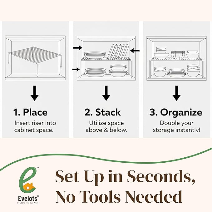 Evelots Kitchen Cabinet Wire Shelf Organizer/Rack - 2 Pack Sturdy Metal Shelf Risers - Double Your Counter Space - Great for Kitchen, Freezer, Pantry and Bathroom - Rustproof - Black