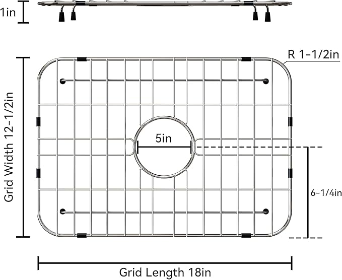 Sink Grid 18" X 12-1/2", Centered Drain with Corner Radius 1-1/2" Stainless Steel Material for Sink (18 X 12" Centered Drain)