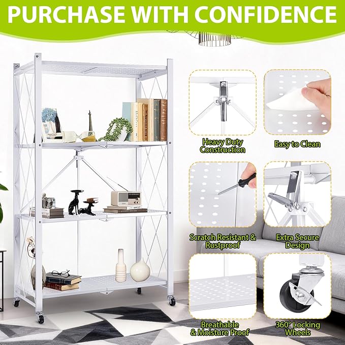 4-Tier Foldable Storage Shelf with Wheels, Metal Collapsible Shelving Unit, Heavy-Duty Rolling Cart for Kitchen Pantry Garage Office, Pre-Assembled Organizer Rack – White