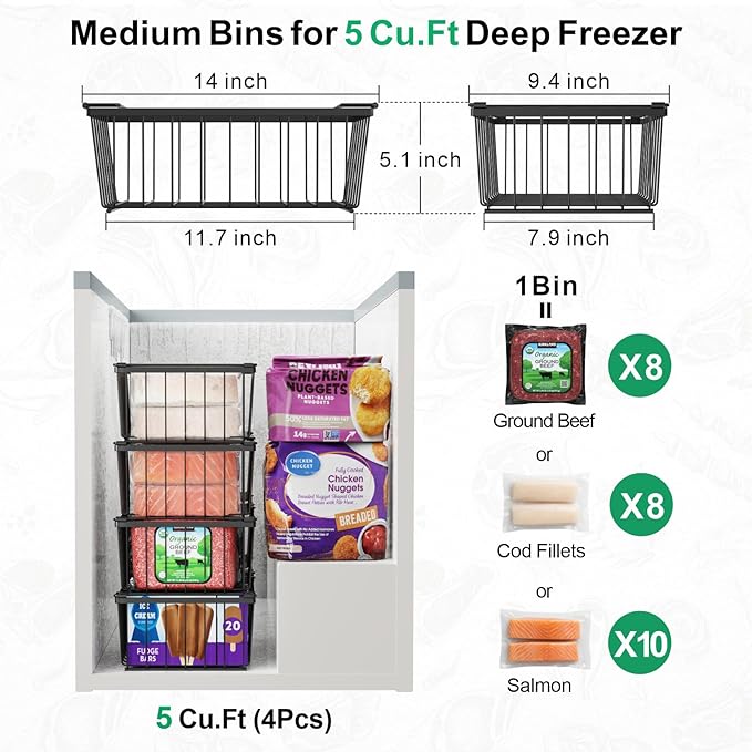 iSPECLE Freezer Organizer Bins - For 5 Cu.Ft Deep Freezer with 4 Pack Chest Freezer Organizer and Inventory List Board Track Food, Stackable to Maximize Vertical Space, Easy Access without Digging