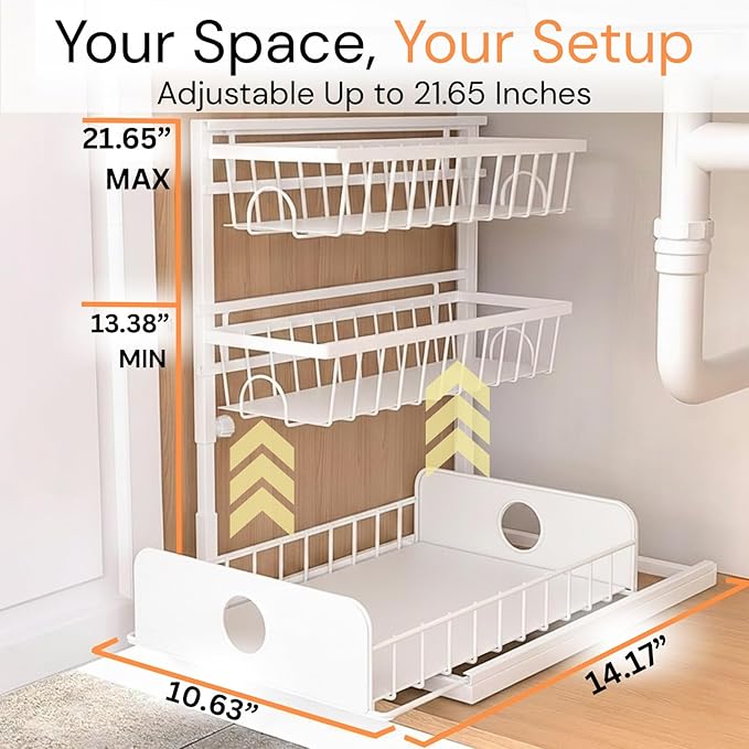 Under Sink Organizer, 1 Pack, 2 Tier Pull Out Sliding Shelf, Adjustable Height, Heavy Duty, Cabinet Organizer for Kitchen Bathroom, Tool-Free Install, White