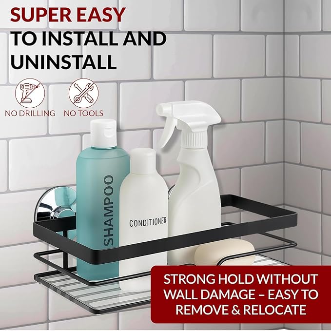 2-Pack Adhesive Corner Shower Caddy - Rustproof Bathroom Organizer with Strong Adhesives (Rectangle, Black)