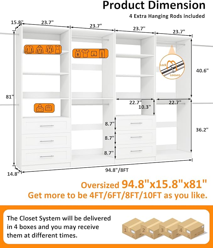 Closet System of 4 Sets with 6 Drawers & 8 Shelves & 8 Hanging Rods, 8FT-20FT Closet Organizer System, Walk in Closet, Modular Closet System White ( 8FT)