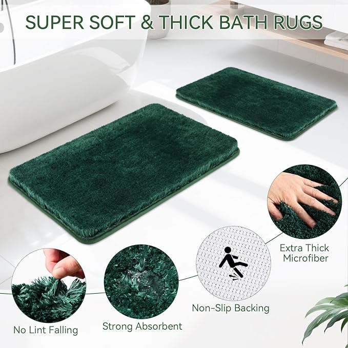 Green Bathroom Set, Dark Green Bathroom Accessories Set with Shower Curtain and No-Slip Bath Rugs, Natural Loofah Sponge, Soap Dispenser, Toothbrush Holder, Bathroom Tumbler and Tray for Bathroom
