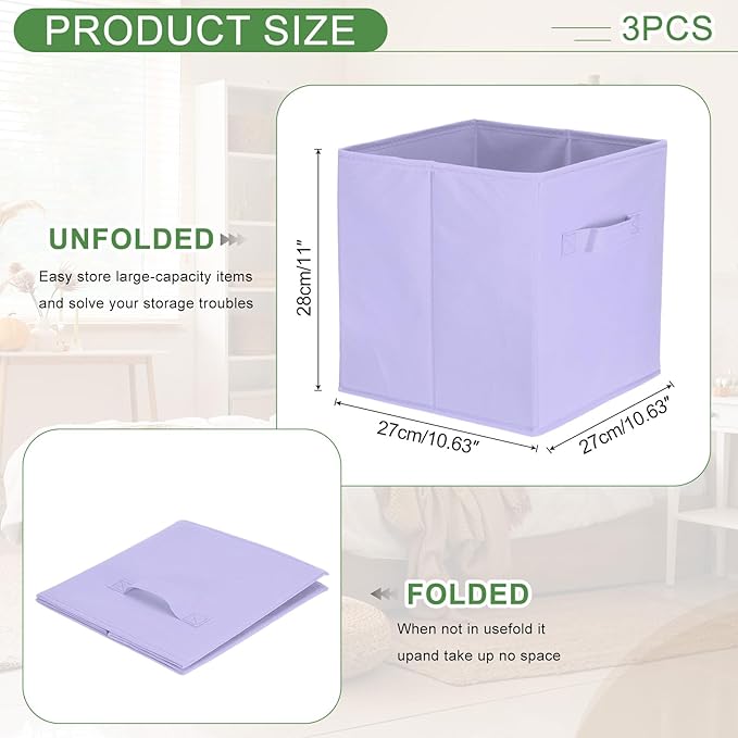 uxcell 3Pcs Fabric Storage Bins, 11 Inch Cube Storage Bin Foldable Storage Cube Organizer Bins with Handles for Shelf Closet, Nursery Home, Bedroom(Lavender Purple)